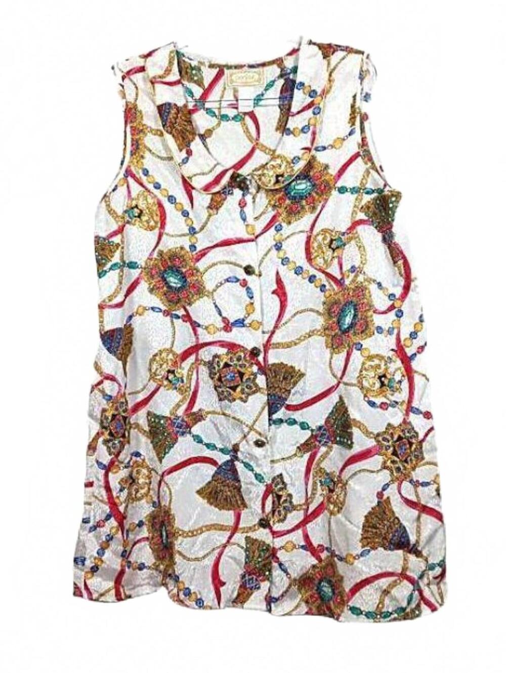 Vintage BONJOUR Top Size L Sleeveless Tassels Peter Pan Collar Buttons Tunic